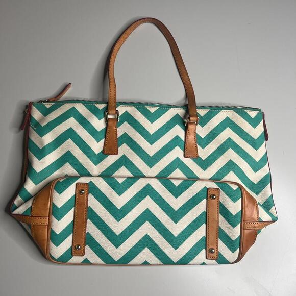 Dooney & Bourke Chevron Tote Bag – Teal & White Canvas with Leather Trim - Picture 10 of 10